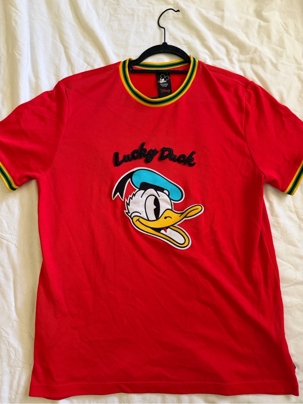 Disney Red Lucky Duck Short Sleeve Graphic Tee with Yellow & Teal Trim